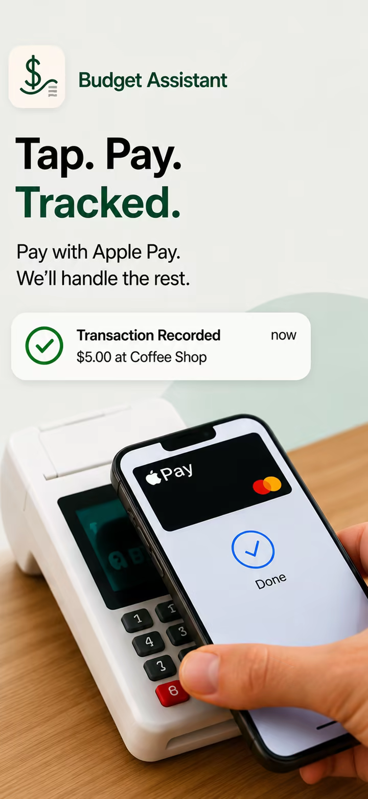 Apple Pay purchase followed by a Budget Assistant transaction-recorded notification