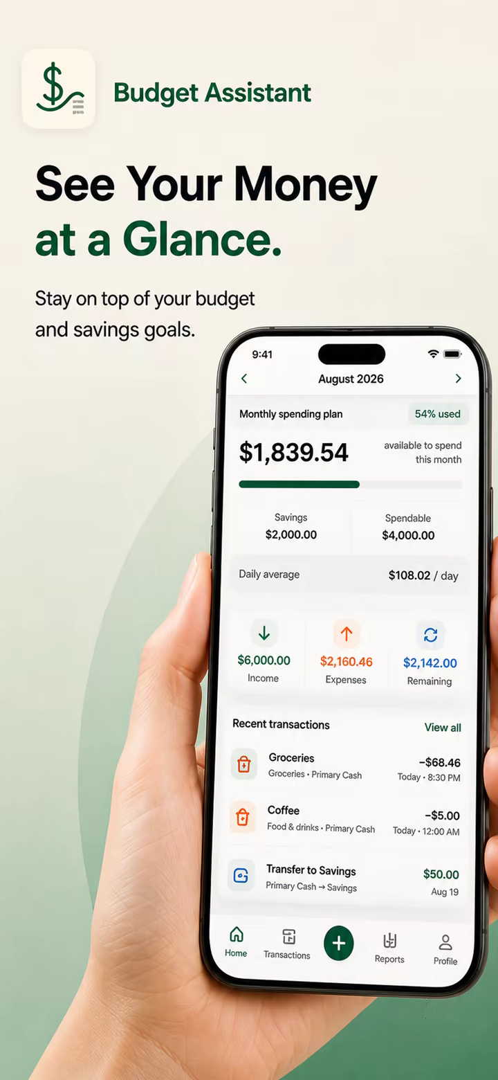 Budget Assistant Home showing a monthly spending plan, savings, and recent transactions